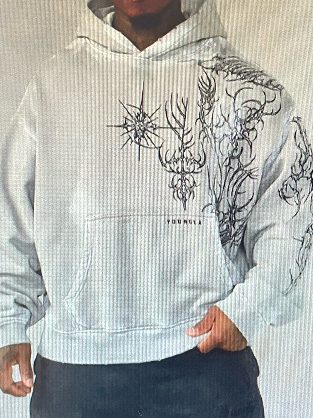 YoungLA 5057 Light Grey Wash Cyberpunk Graphic Hoodie in brand new condition